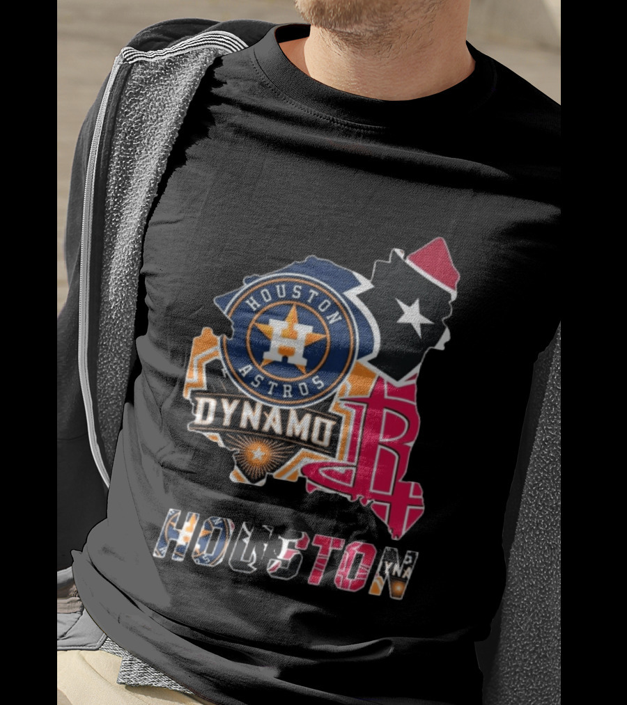 Houston Astros Texans Dynamo Rockets Map Logo Collage T-Shirt