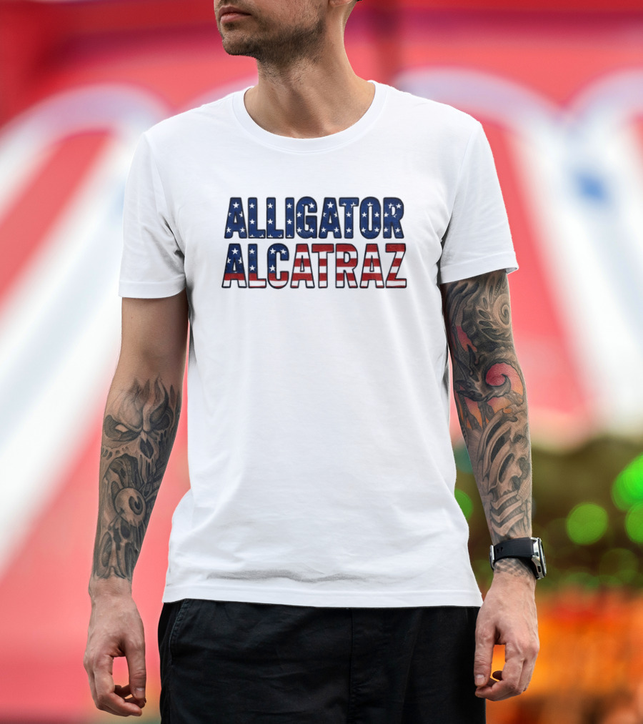 Alligator Alcatraz American Flag Patriotic Stars Stripes T-Shirt