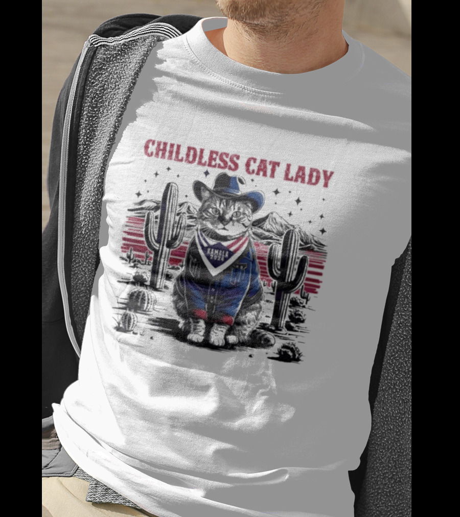 Kamala 2024 Childless Cat Lady Cowboy Desert Cactus Scene T-Shirt