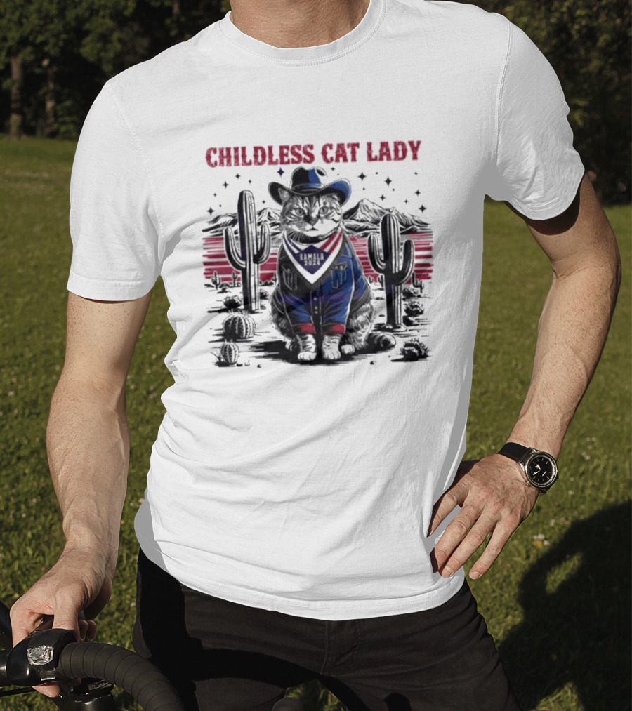 Kamala 2024 Childless Cat Lady Cowboy Desert Cactus Scene T-Shirt