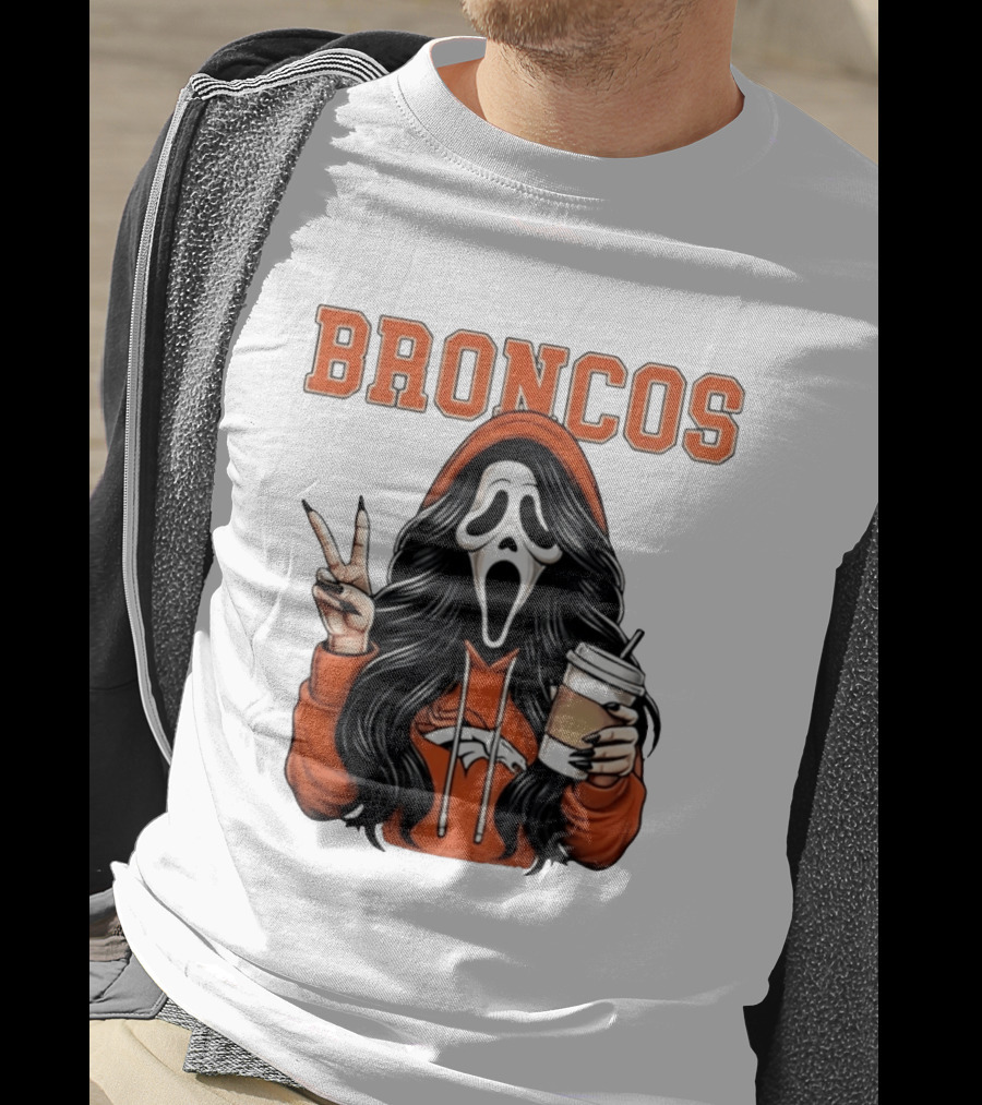 Broncos Ghostface Scream Halloween Coffee Peace Sign T-Shirt