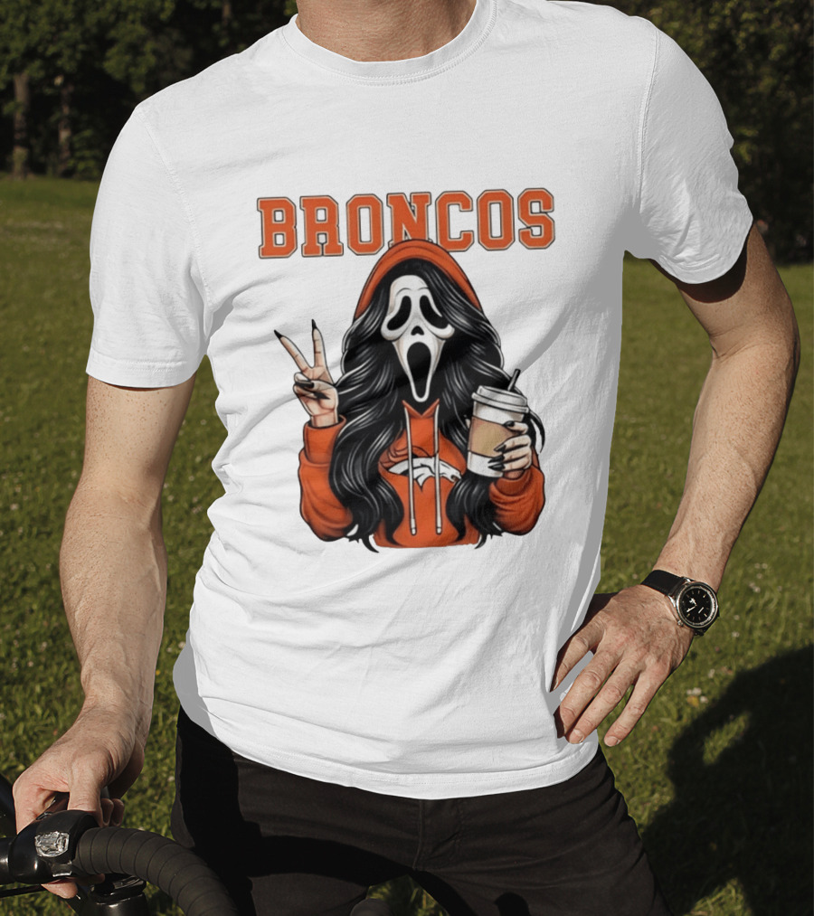 Broncos Ghostface Scream Halloween Coffee Peace Sign T-Shirt
