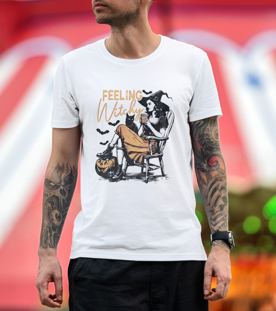 Feeling Witchy Witch With Pumpkin And Bats Halloween Vibes T-Shirt