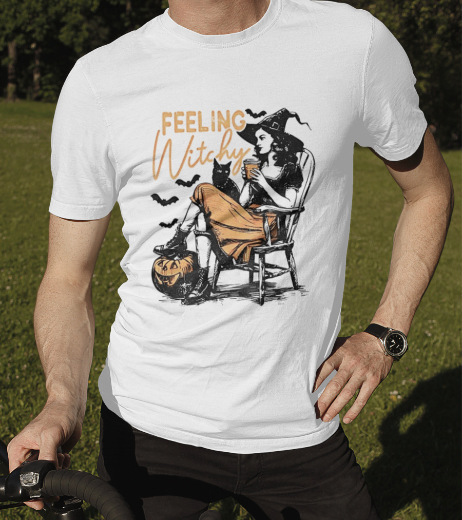 Feeling Witchy Witch With Pumpkin And Bats Halloween Vibes T-Shirt