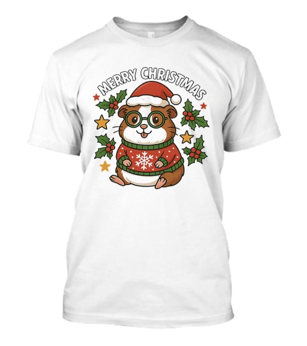 Merry Christmas Santa Guinea Pig In Holiday Sweater With Holly And Stars T-Shirt