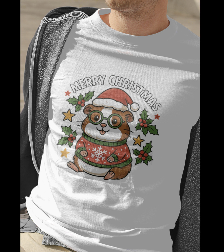 Merry Christmas Santa Guinea Pig In Holiday Sweater With Holly And Stars T-Shirt