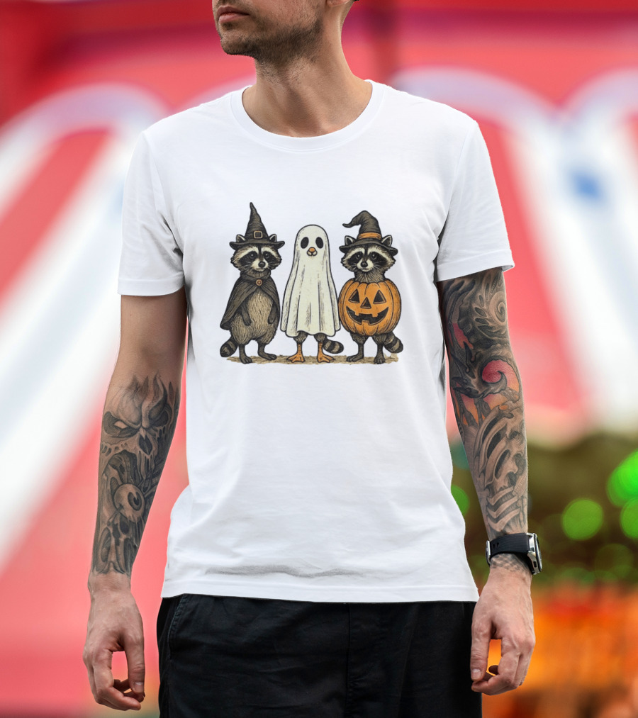Spooky Boo Ghost Raccoon Pumpkin Raccoon Witch Hat Happy Halloween 2025 T-Shirt