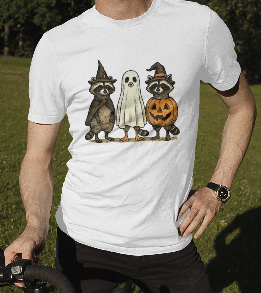 Spooky Boo Ghost Raccoon Pumpkin Raccoon Witch Hat Happy Halloween 2025 T-Shirt