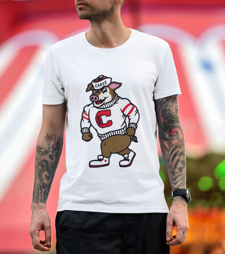Canes Mascot Pig In Red And White Sweater With Stripes T-Shirt