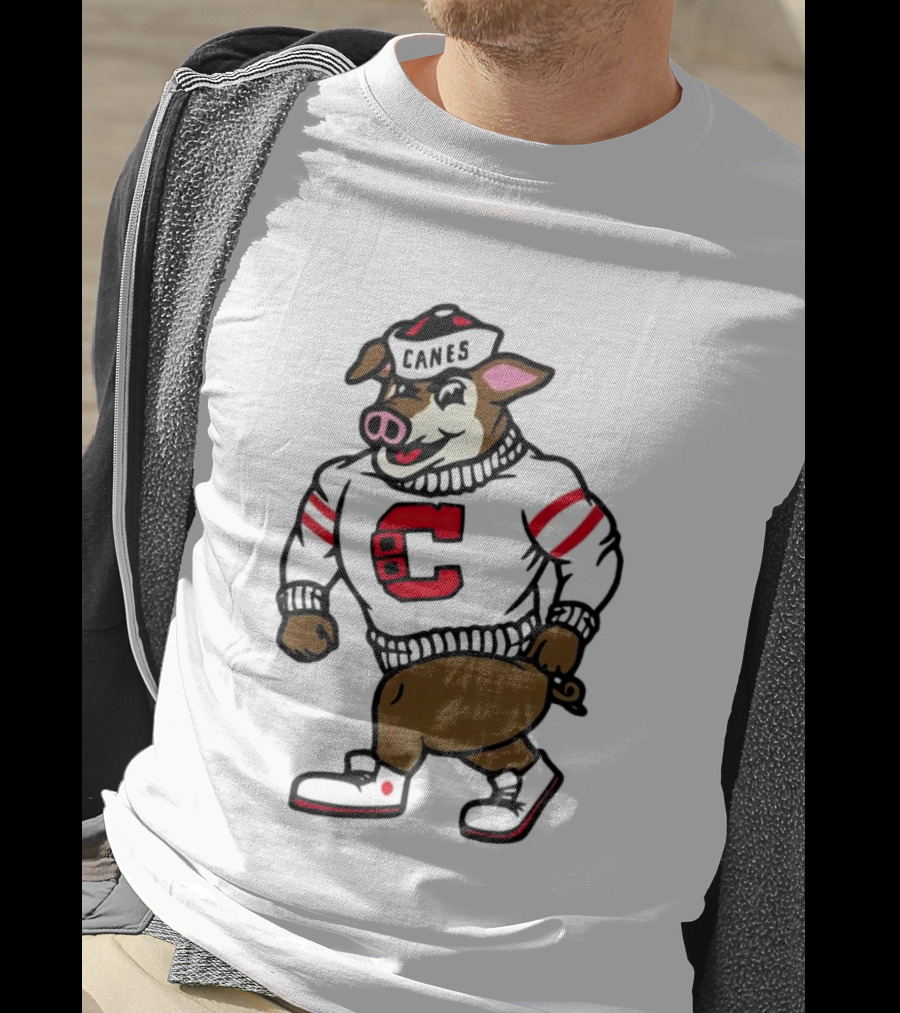 Canes Mascot Pig In Red And White Sweater With Stripes T-Shirt