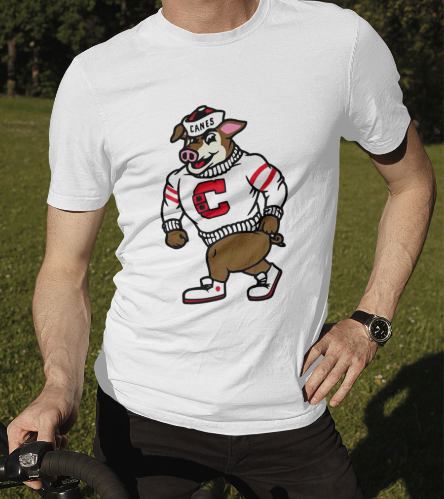 Canes Mascot Pig In Red And White Sweater With Stripes T-Shirt