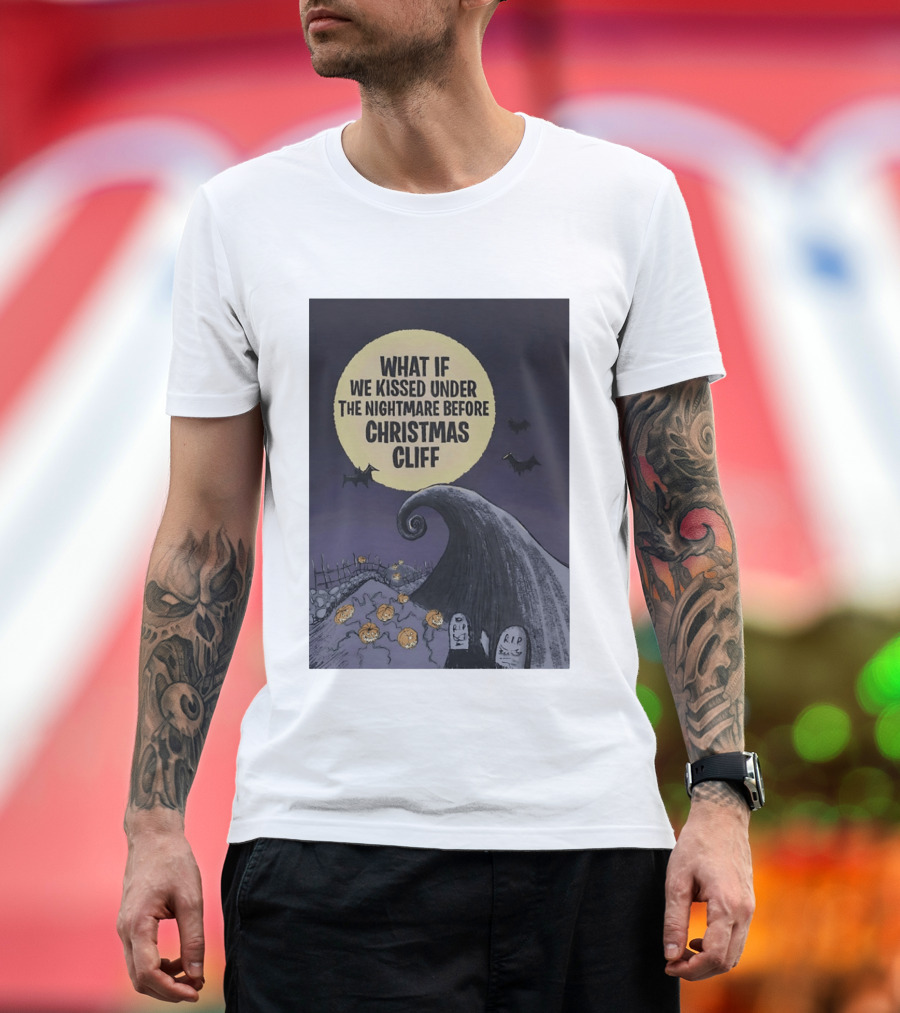 What If We Kissed Under The Nightmare Before Christmas Cliff Halloween Moon Bats Pumpkins Graveyard Scene T-Shirt