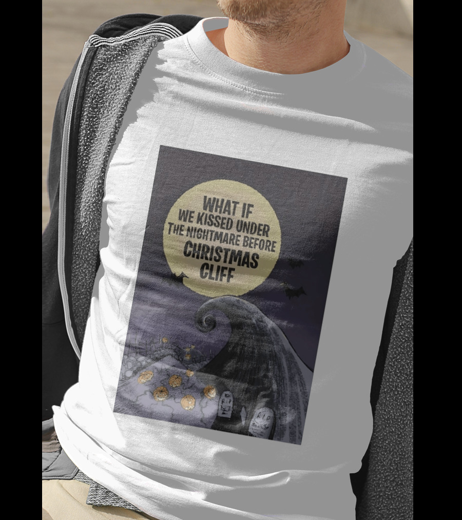 What If We Kissed Under The Nightmare Before Christmas Cliff Halloween Moon Bats Pumpkins Graveyard Scene T-Shirt