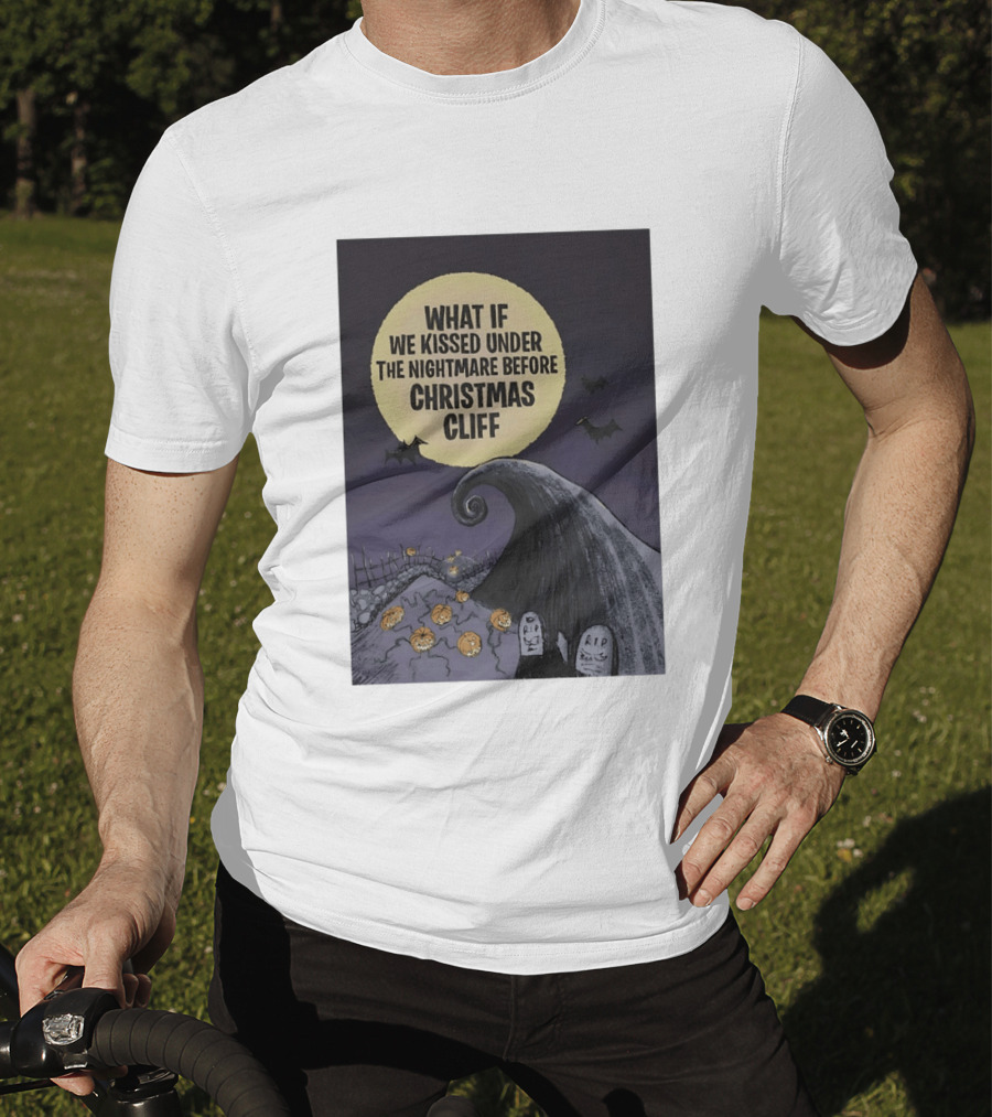 What If We Kissed Under The Nightmare Before Christmas Cliff Halloween Moon Bats Pumpkins Graveyard Scene T-Shirt