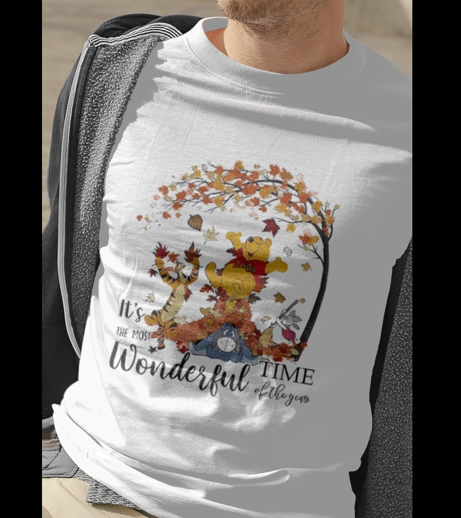 Winnie The Pooh It's The Most Wonderful Time Of The Year Happy Fall Autumn Leaves T-Shirt