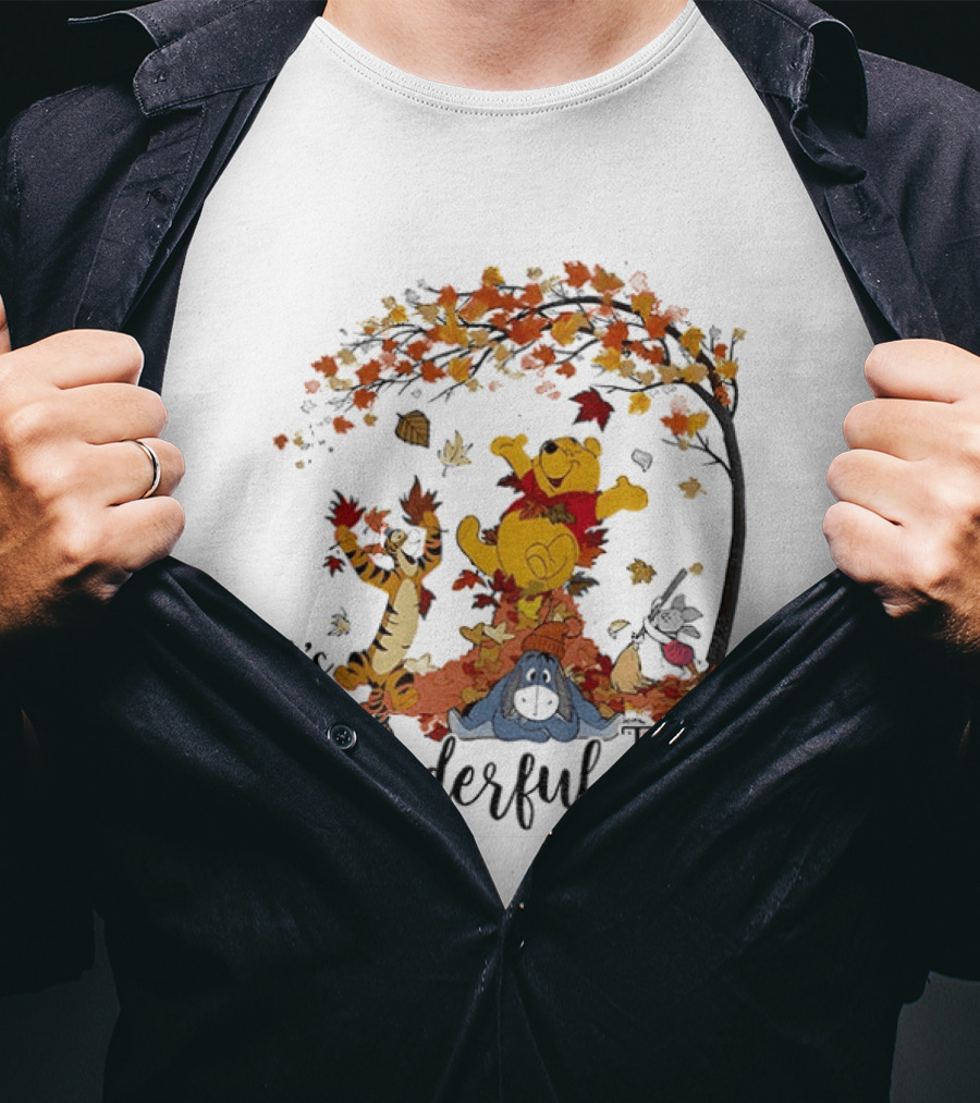 Winnie The Pooh It's The Most Wonderful Time Of The Year Happy Fall Autumn Leaves T-Shirt