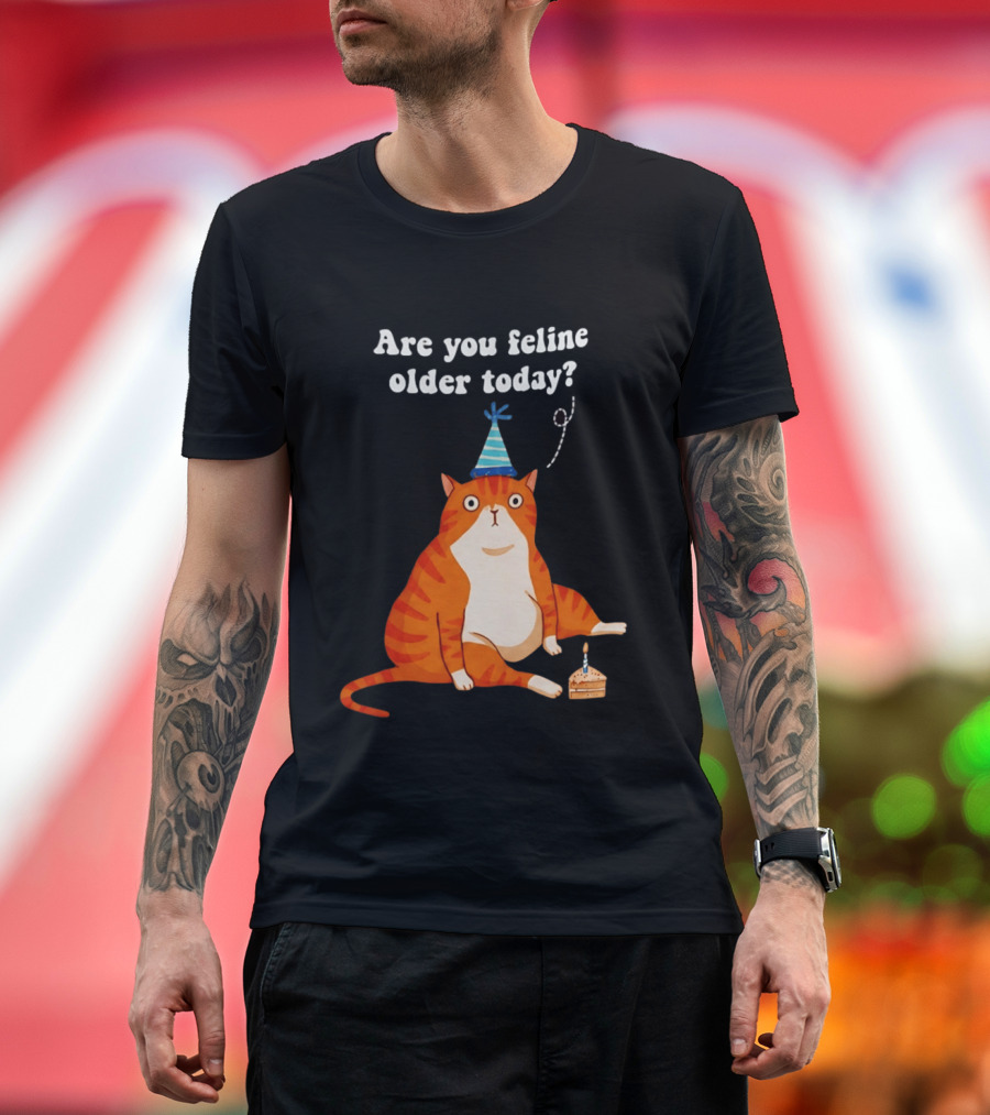 Are You Feline Older Today Birthday Cat With Party Hat And Cake T-Shirt
