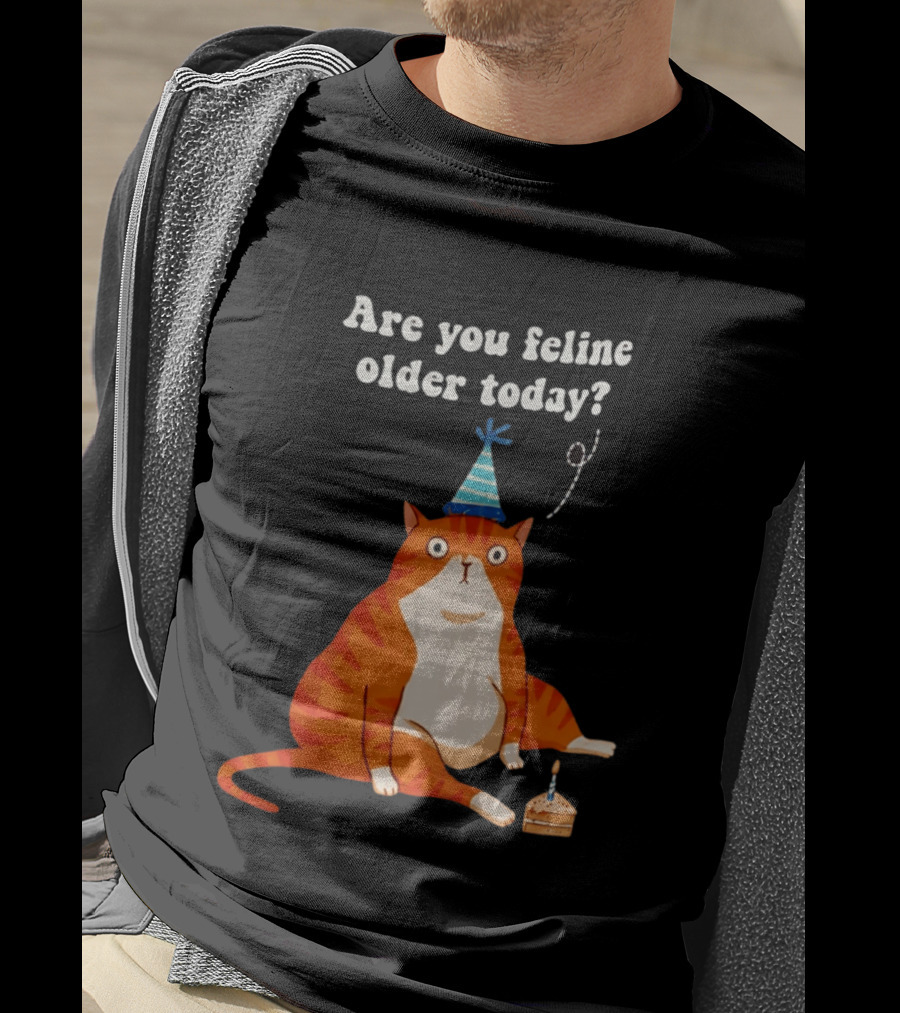 Are You Feline Older Today Birthday Cat With Party Hat And Cake T-Shirt