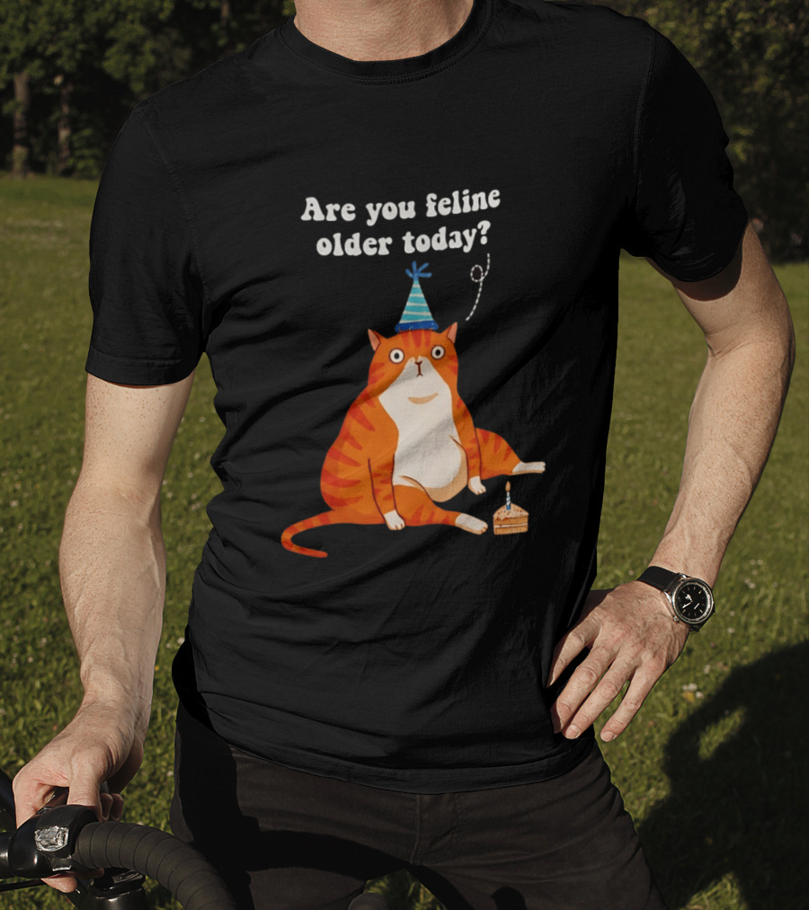 Are You Feline Older Today Birthday Cat With Party Hat And Cake T-Shirt