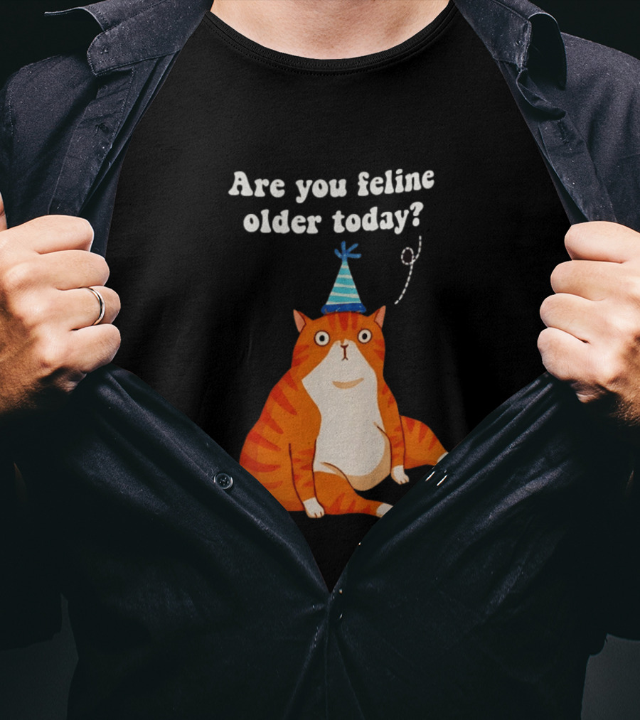 Are You Feline Older Today Birthday Cat With Party Hat And Cake T-Shirt