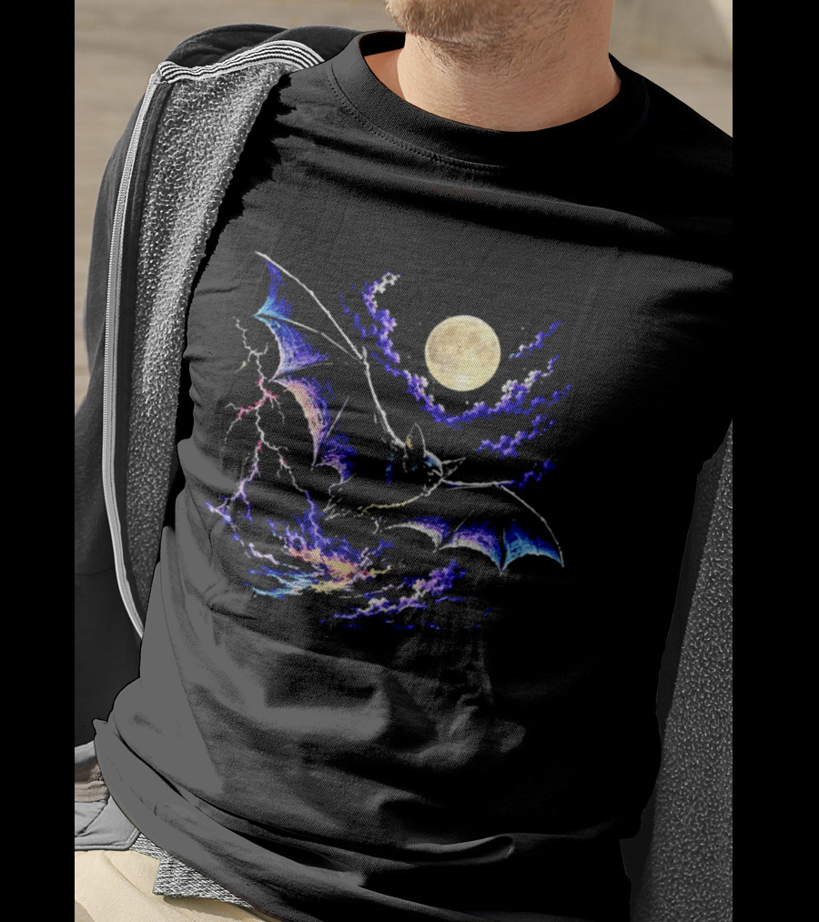 Bat Flying In Stormy Night With Full Moon Lightning And Clouds T-Shirt