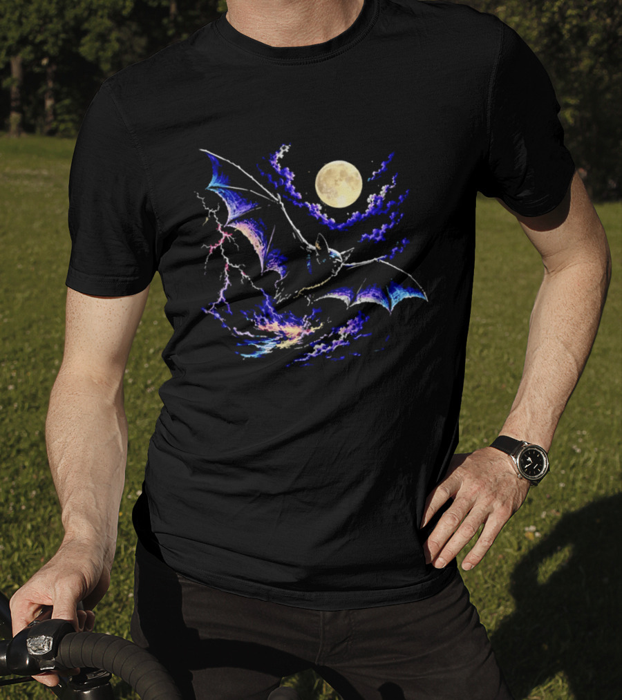 Bat Flying In Stormy Night With Full Moon Lightning And Clouds T-Shirt