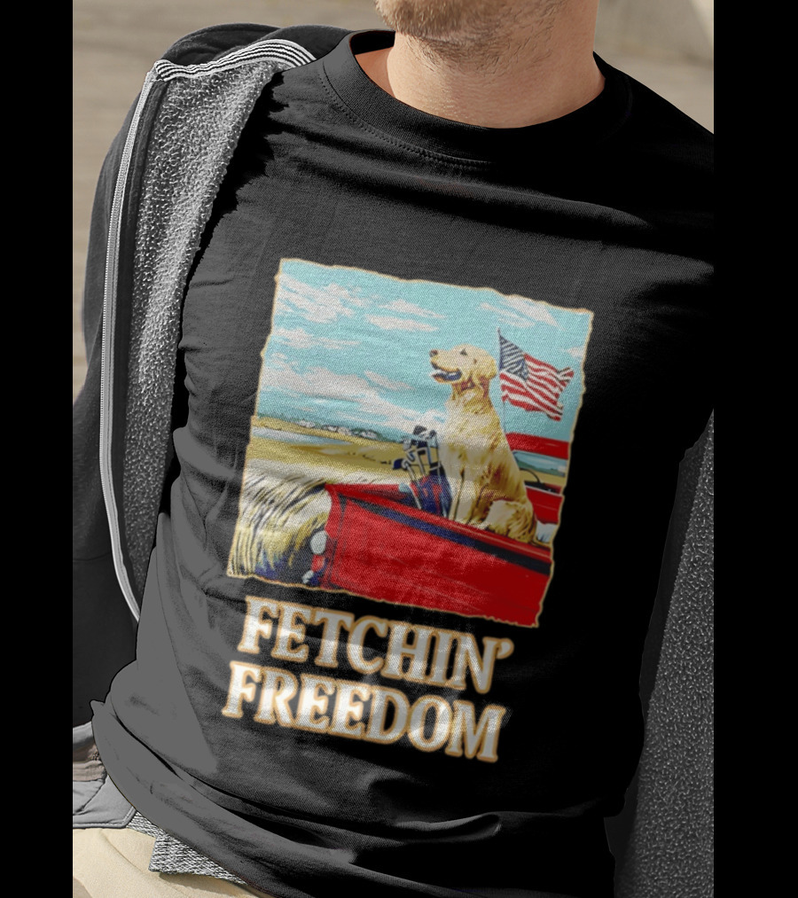 Fetching Freedom Dog And American Flag Scene T-Shirt