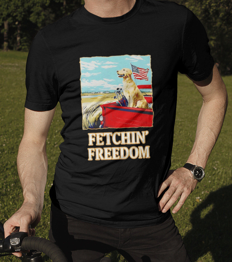 Fetching Freedom Dog And American Flag Scene T-Shirt