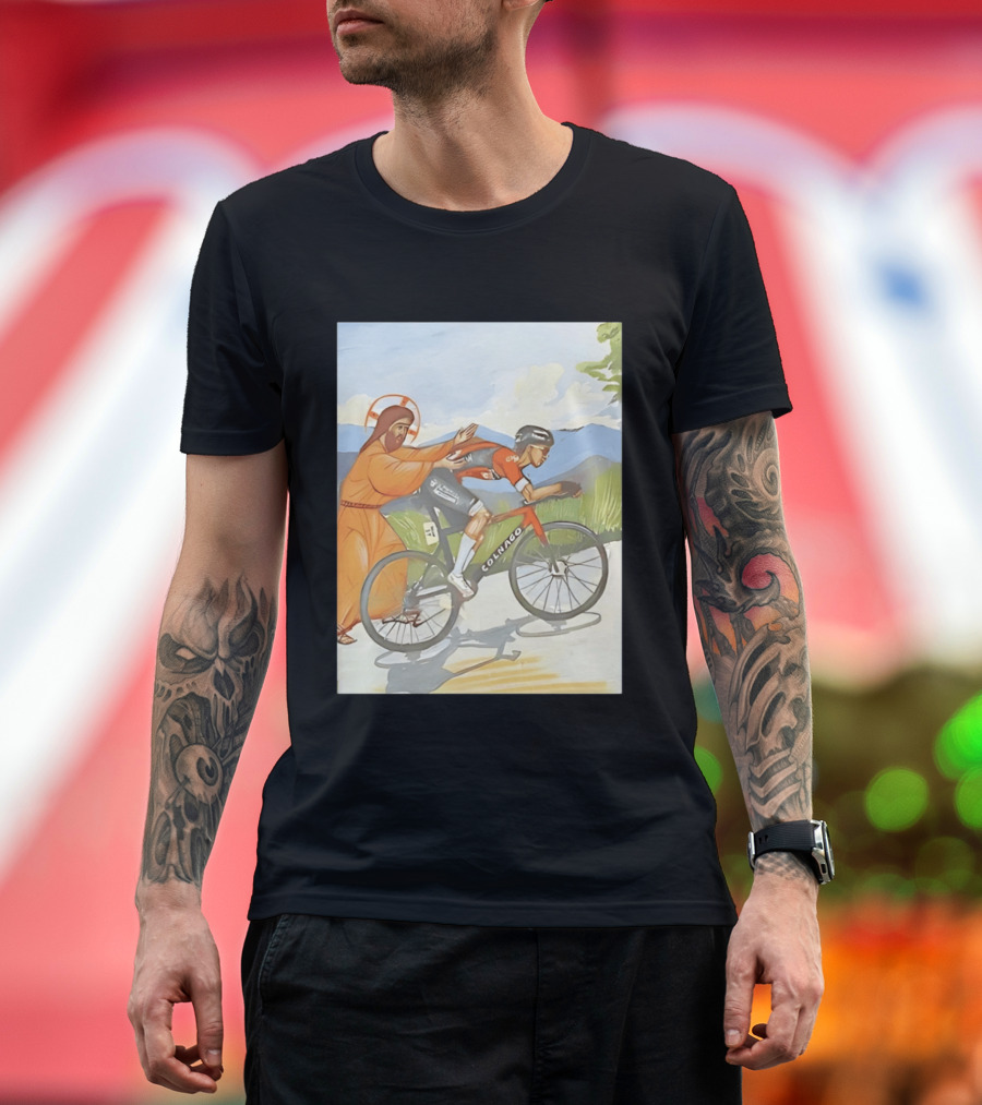 Jesus Gives Tadej Pogačar A Push Colnago Cycling T-Shirt