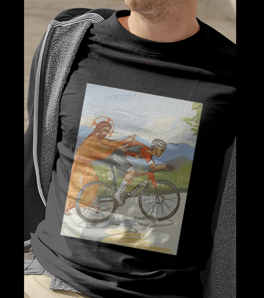 Jesus Gives Tadej Pogačar A Push Colnago Cycling T-Shirt