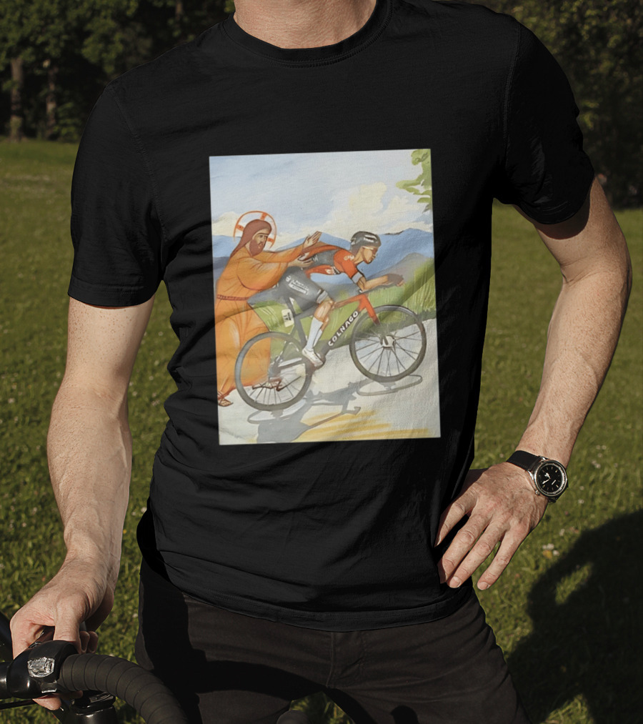 Jesus Gives Tadej Pogačar A Push Colnago Cycling T-Shirt