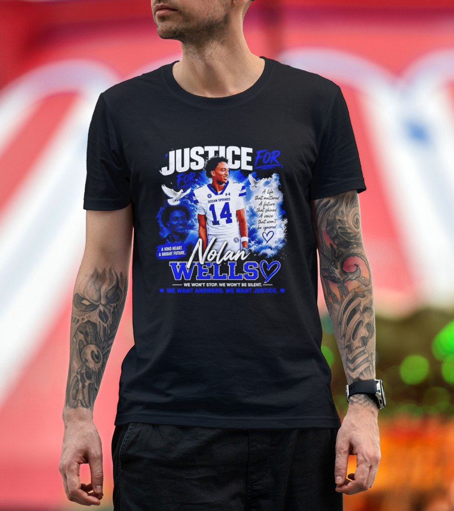 Justice For Nolan Wells Ocean Springs Football Number 14 Ignored Heart We Won't Stop Silent T-Shirt