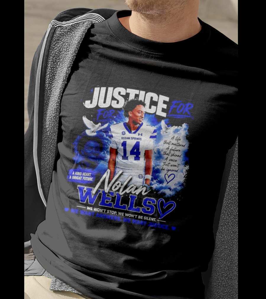 Justice For Nolan Wells Ocean Springs Football Number 14 Ignored Heart We Won't Stop Silent T-Shirt
