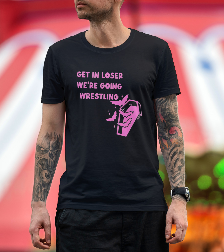 Get In Loser We're Going Wrestling Coffin With Bats And Stars T-Shirt