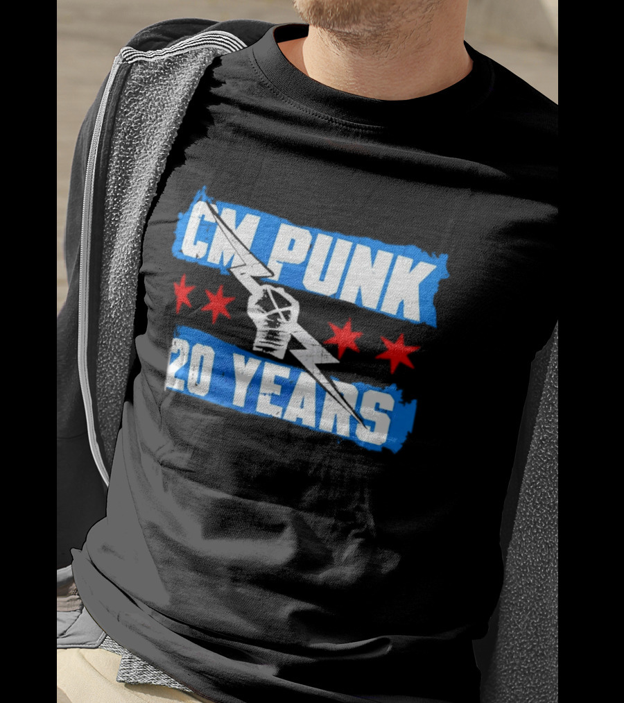 CM Punk 20 Years WWE Flag With Stars And Lightning Fist T-Shirt