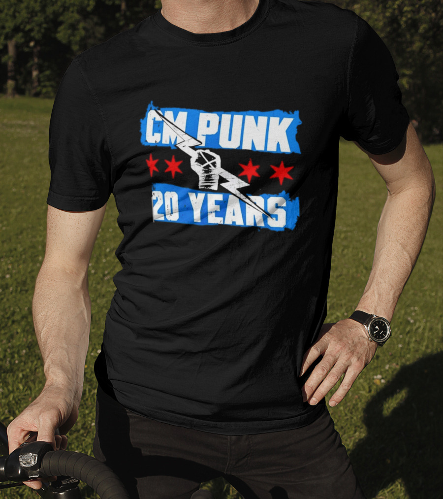 CM Punk 20 Years WWE Flag With Stars And Lightning Fist T-Shirt