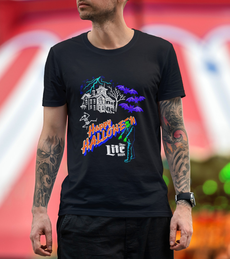 Happy Halloween Miller Lite Beer Haunted House Frankenstein Bats T-Shirt