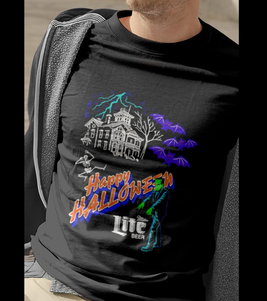 Happy Halloween Miller Lite Beer Haunted House Frankenstein Bats T-Shirt