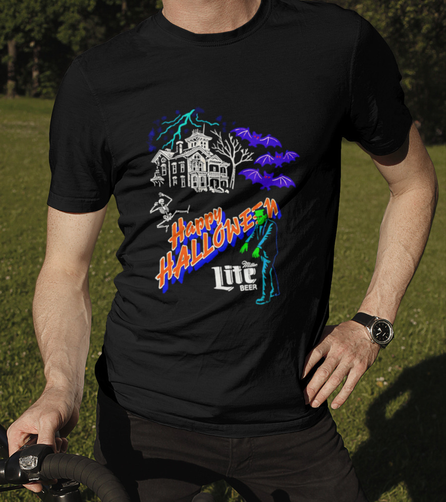 Happy Halloween Miller Lite Beer Haunted House Frankenstein Bats T-Shirt