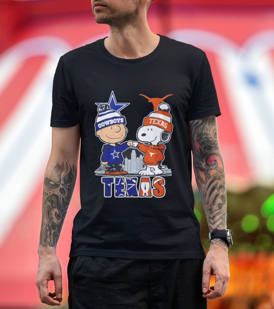 Dallas Cowboys Texas Longhorns Peanuts Characters Stadium Scene T-Shirt