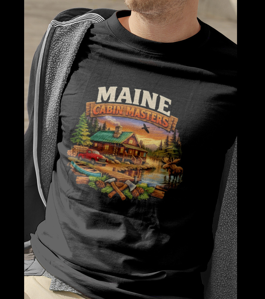 Maine Cabin Masters Rustic Wilderness Scene With Moose And Red Truck T-Shirt