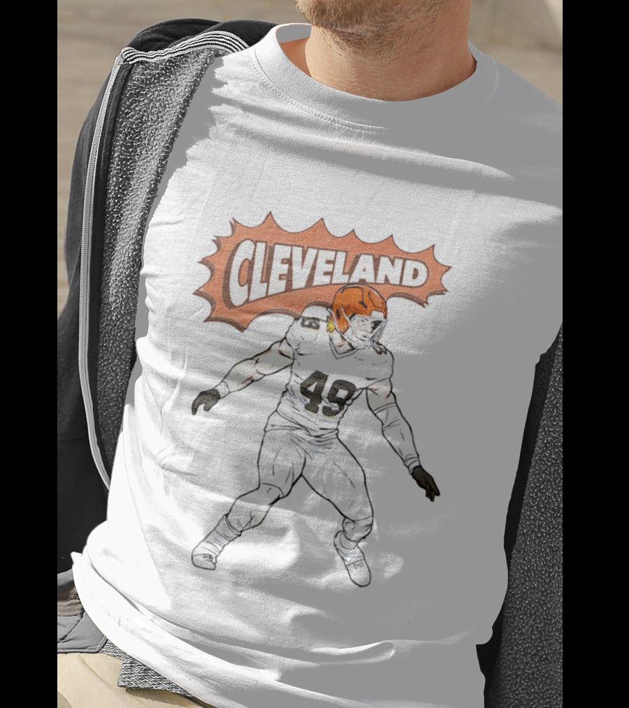 Cleveland Football Comic Style 2026 Player 49 Iconic Helmet T-Shirt