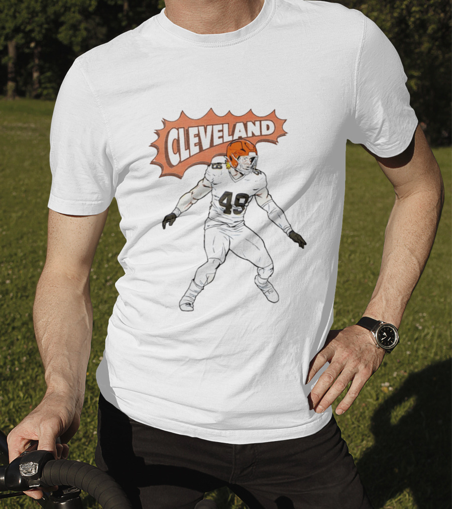 Cleveland Football Comic Style 2026 Player 49 Iconic Helmet T-Shirt