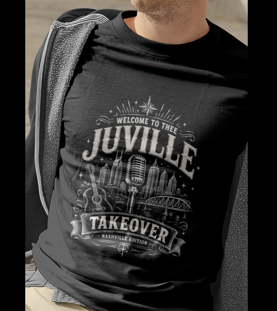 Welcome To Thee Juville Takeover Nashville Edition Microphone Guitar Cityscape Scene T-Shirt