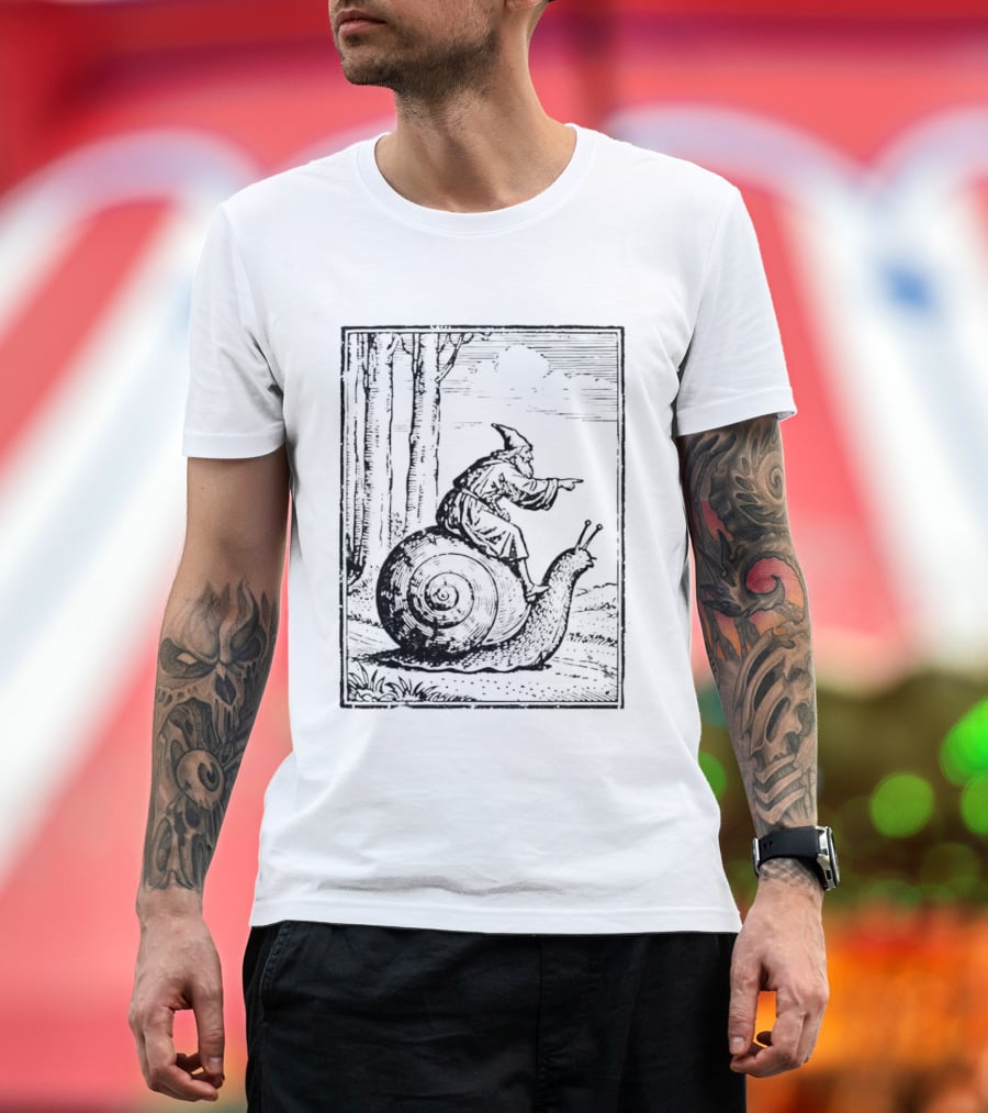 Medieval Snail Rider Wizard Woodcut Fantasy Enchantment T-Shirt