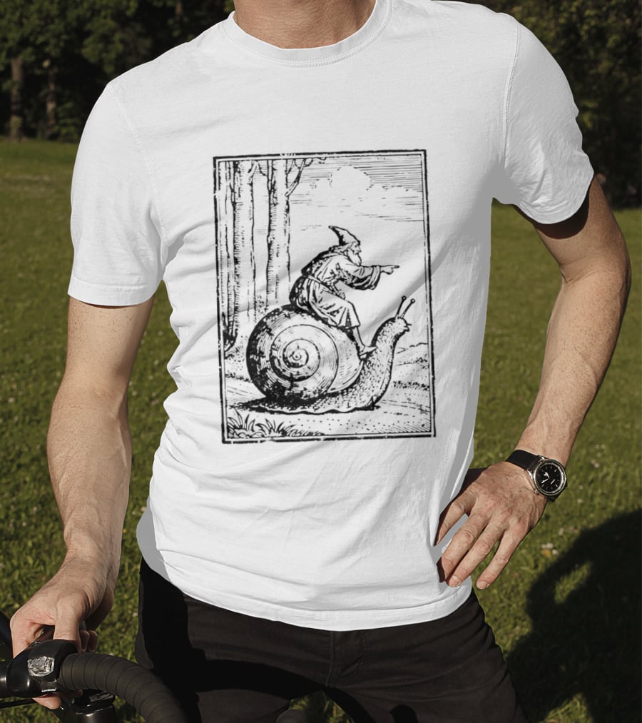 Medieval Snail Rider Wizard Woodcut Fantasy Enchantment T-Shirt