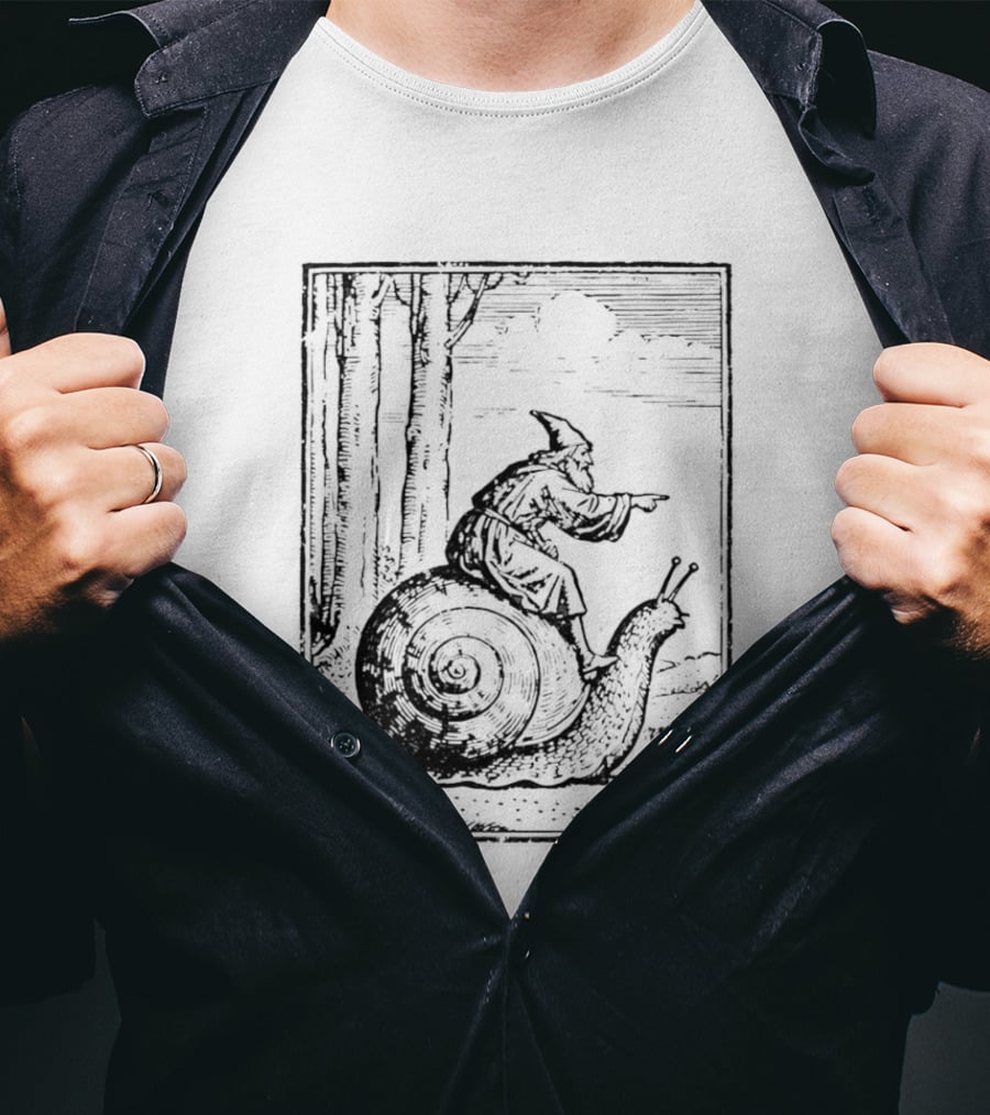 Medieval Snail Rider Wizard Woodcut Fantasy Enchantment T-Shirt