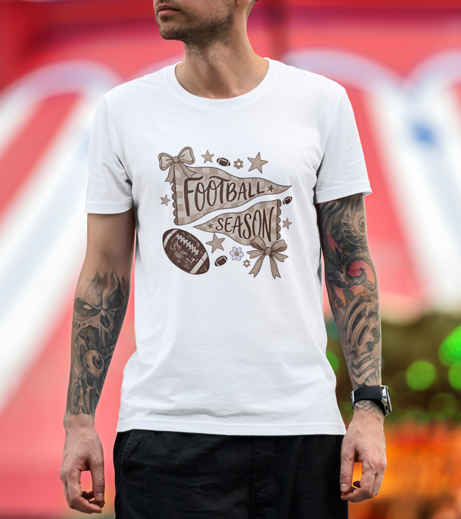 Football Season Pennant Bows And Stars With Footballs T-Shirt