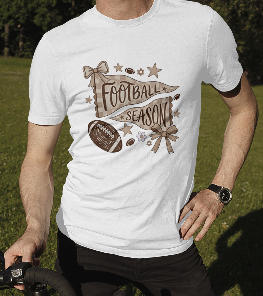 Football Season Pennant Bows And Stars With Footballs T-Shirt