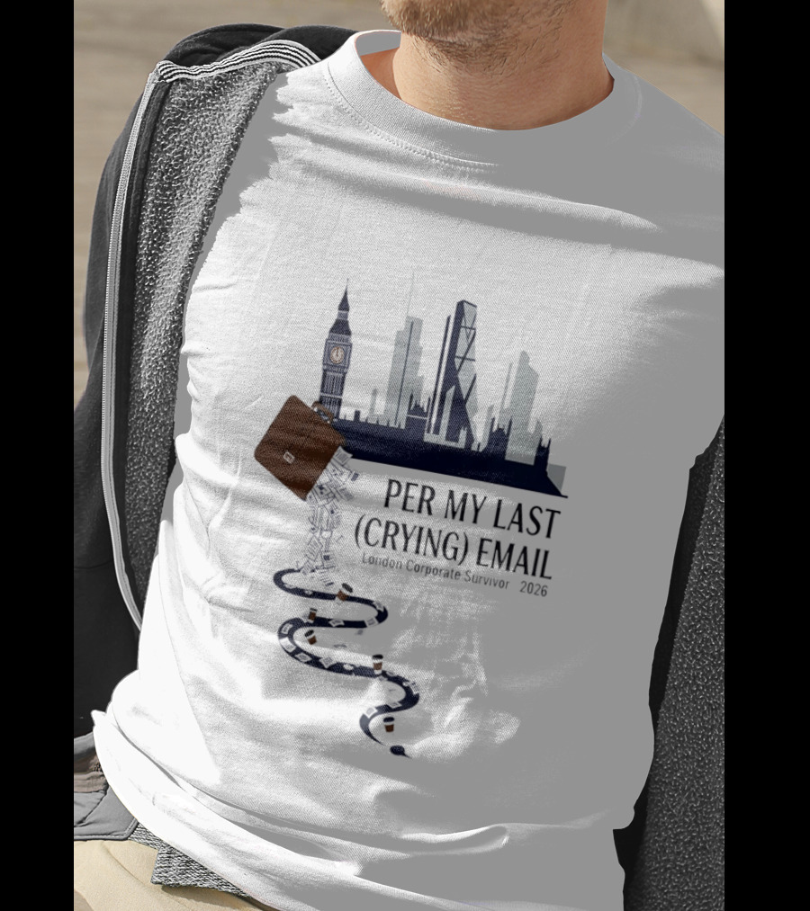 Per My Last Crying Email London Corporate Survivor 2026 Iconic Skyline Briefcase Coffee Trail T-Shirt